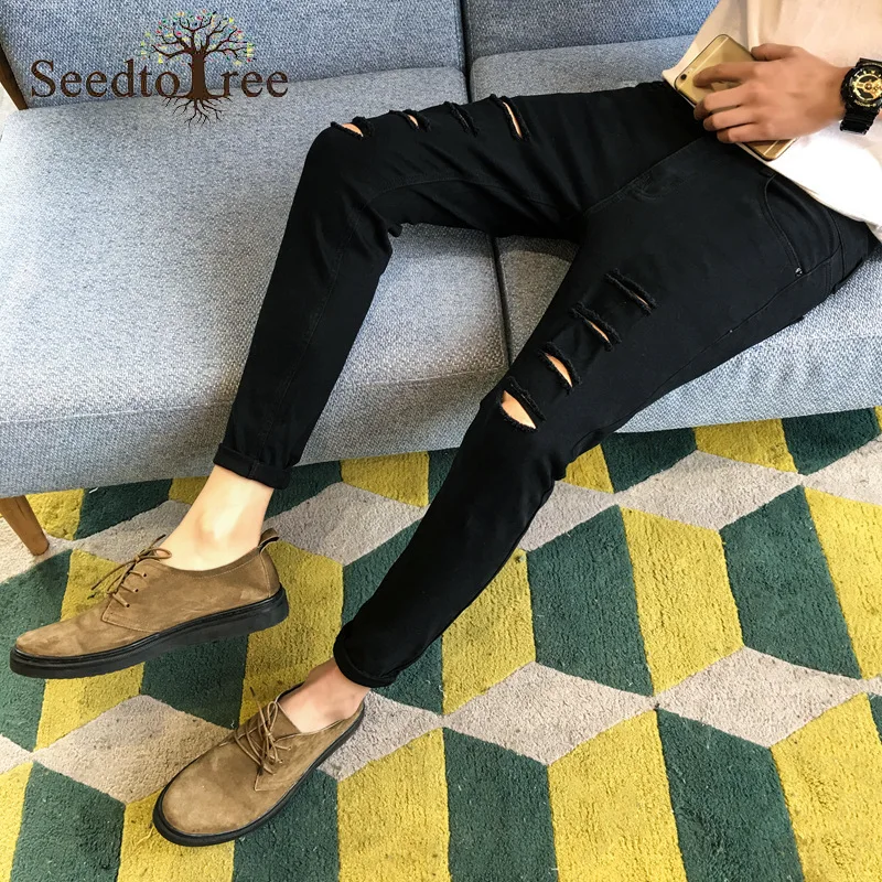 Solid Color Hole Casual Men's Jeans Small Feet Slim Men's Denim Trousers Ankle Length Pants