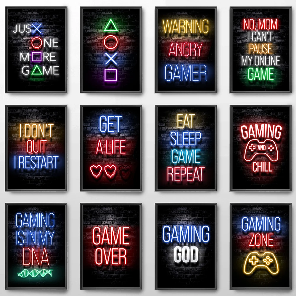 

Game Neon Posters Wall Art Canvas Painting Gaming Gamer Quotes Posters and Prints for Kids Teen Room Decoration Picture Playroom