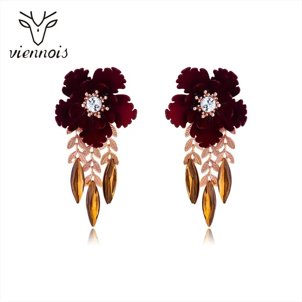 Viennois темно цветок красного цвета серьги капли для женщин Стразы Серьги женские