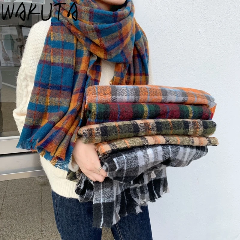 Винтажные клетчатые Длинные Теплые шарфы WAKUTA с цветными блоками женские