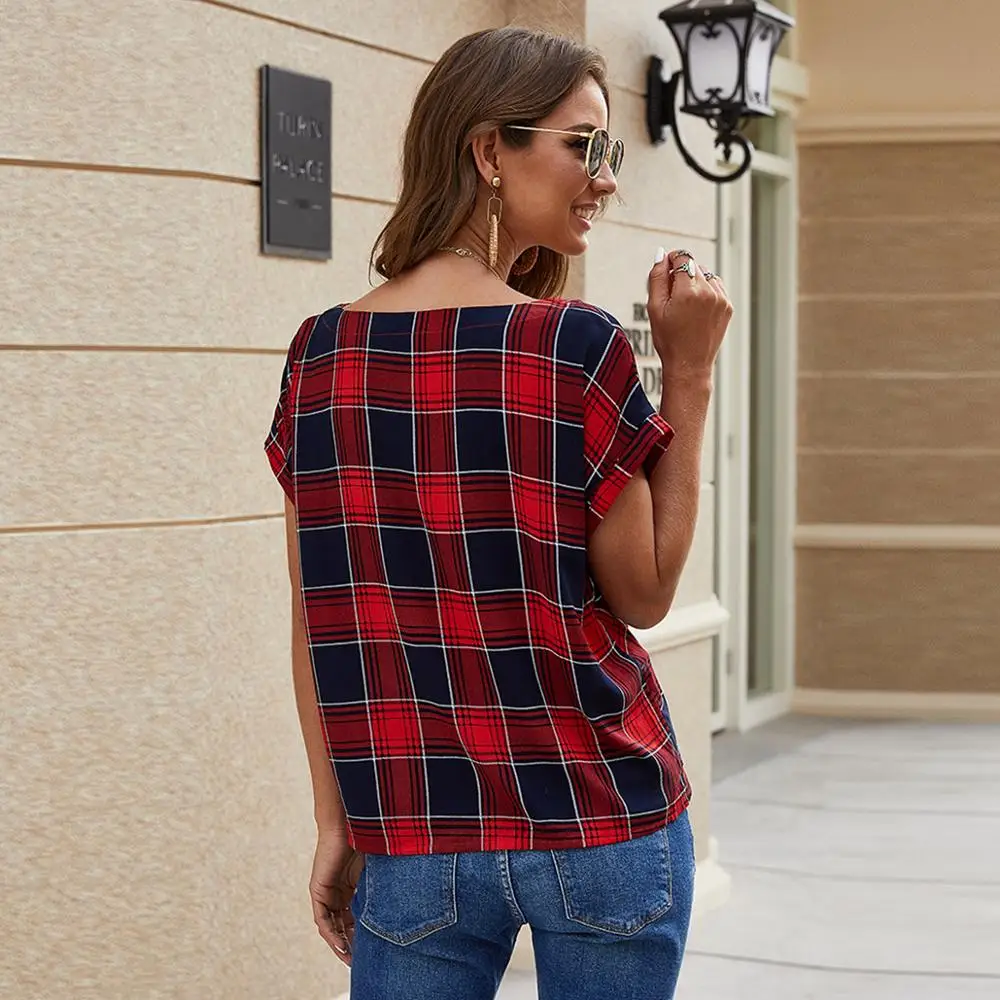 

Women Casual V-neck Short Sleeve Ladies Blouses Cotton Girl Solid Casual Plaid Print Blouse Top Shirt female Plus Size Clothing