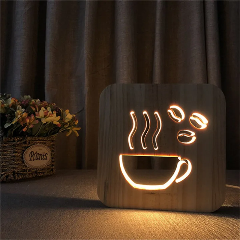 Coffee Cup Shape Wood Lamp 3D LED Hollowed-out Night Light Warm White Table USB Supply as Shop Office Home Decor Drop shipping