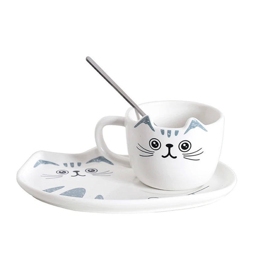 

Creative Cartoon Cat Ceramic Coffee Tea Cup Heat-Resistant Embossed Cute Animal Milk Mug 200ml With Lid Handle Spoon Office Gift