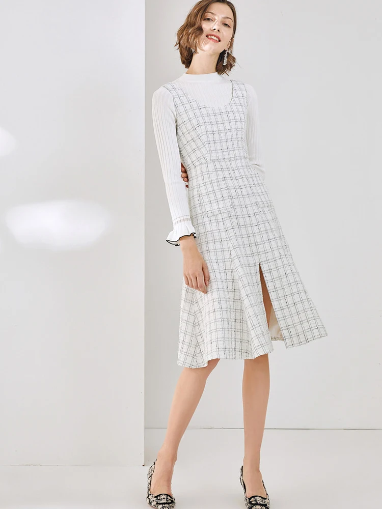 

White plaid tweed dress sleeveless 2020 spring / autumn women's dress tassel ladies slim bottoming dress one-piece
