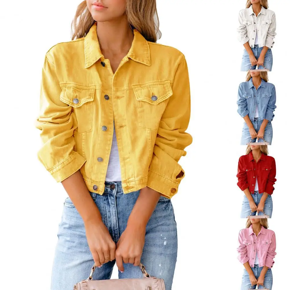 

Ele-choices Women Autumn&Winter Jacket Turn-down Collar All Match Short Long Sleeve Solid Color Denim Jacket for Work Daily