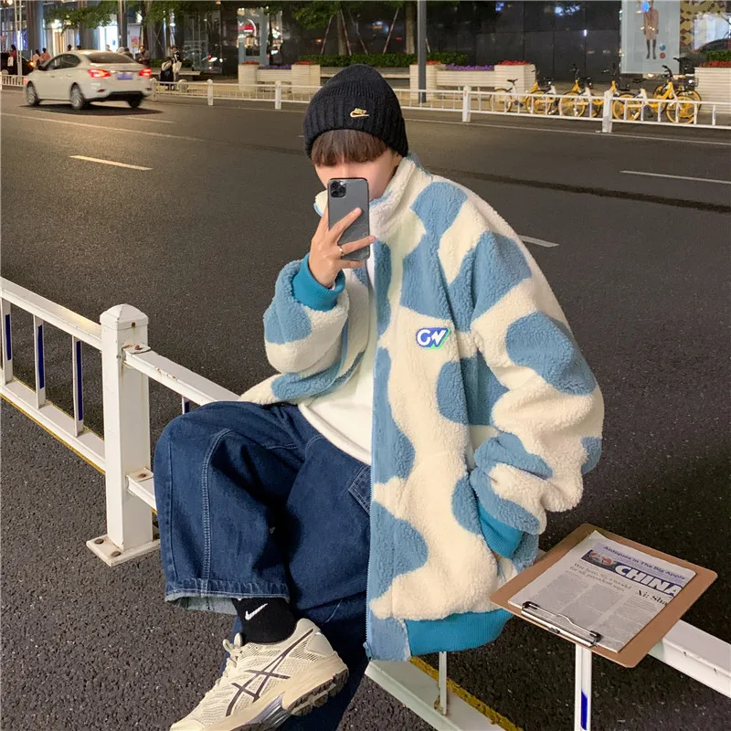 Milk Cow Pattern Fleece Jacket for Men  Winter Fashion Trend Warm Clothes Teenager Loose Fit Padded Coat Harajuku Streetwear