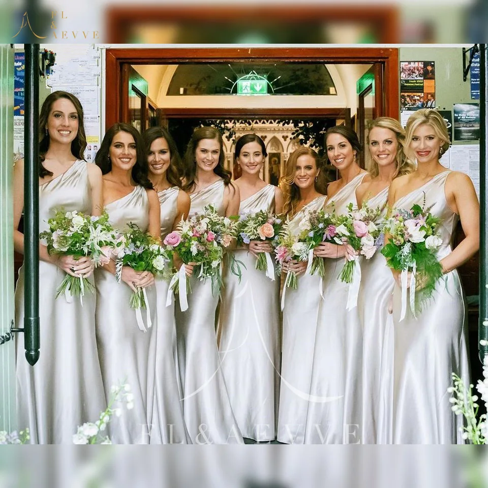 

Модные Серебристые атласные платья подружки невесты с юбкой-годе, Новое свадебное платье на одно плечо, вечерние платья без бретелек, строг...