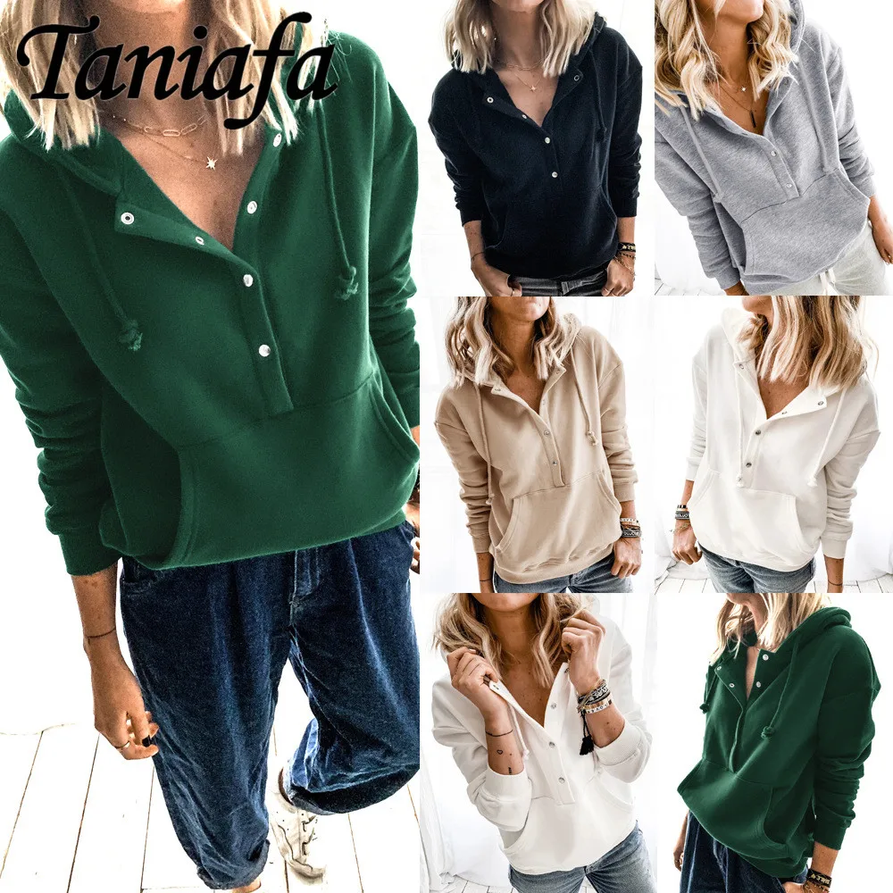 

Casual Solid Color Hooded Sweatshirts Women Pocket Loose Hoodies Autumn Winter Long Sleeve Pullovers