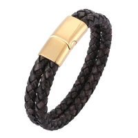 retro men jewelry punk antique black double braided leather bracelet stainless steel magnetic clasp male wristband gifts sp0508