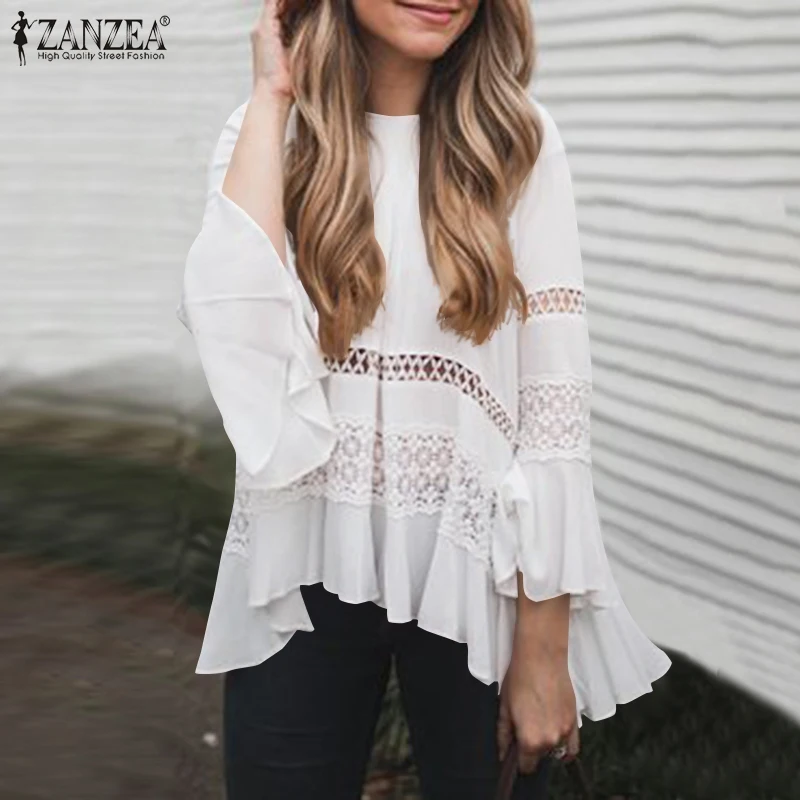 

Bohemian Lace Tops Women's Hollow Blouses ZANZEA 2021 Casual Flare Sleeve Shirts Female O Neck Tunic Chemise S- 7