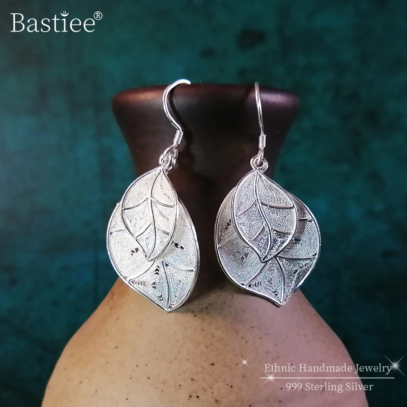 Bastiee 999 Sterling Silver Drop Leaf Earrings For Women Accessories Dangle Earing Luxury Jewelry Hmong Handmade Ethnic Vintage