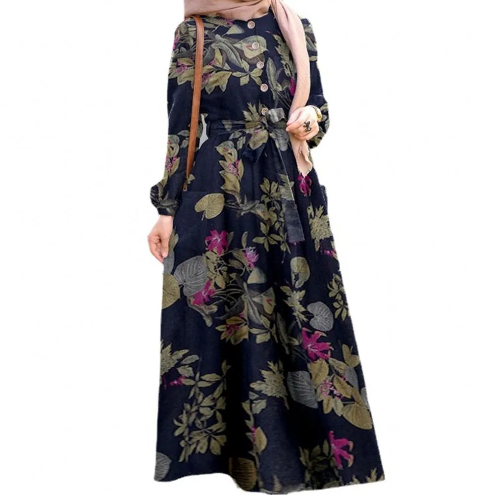 Женское длинное платье с поясом и длинным рукавом, платье в этническом стиле, для отдыха, Дубай, абайя, Турция, мусульманская, Средний Восток,...