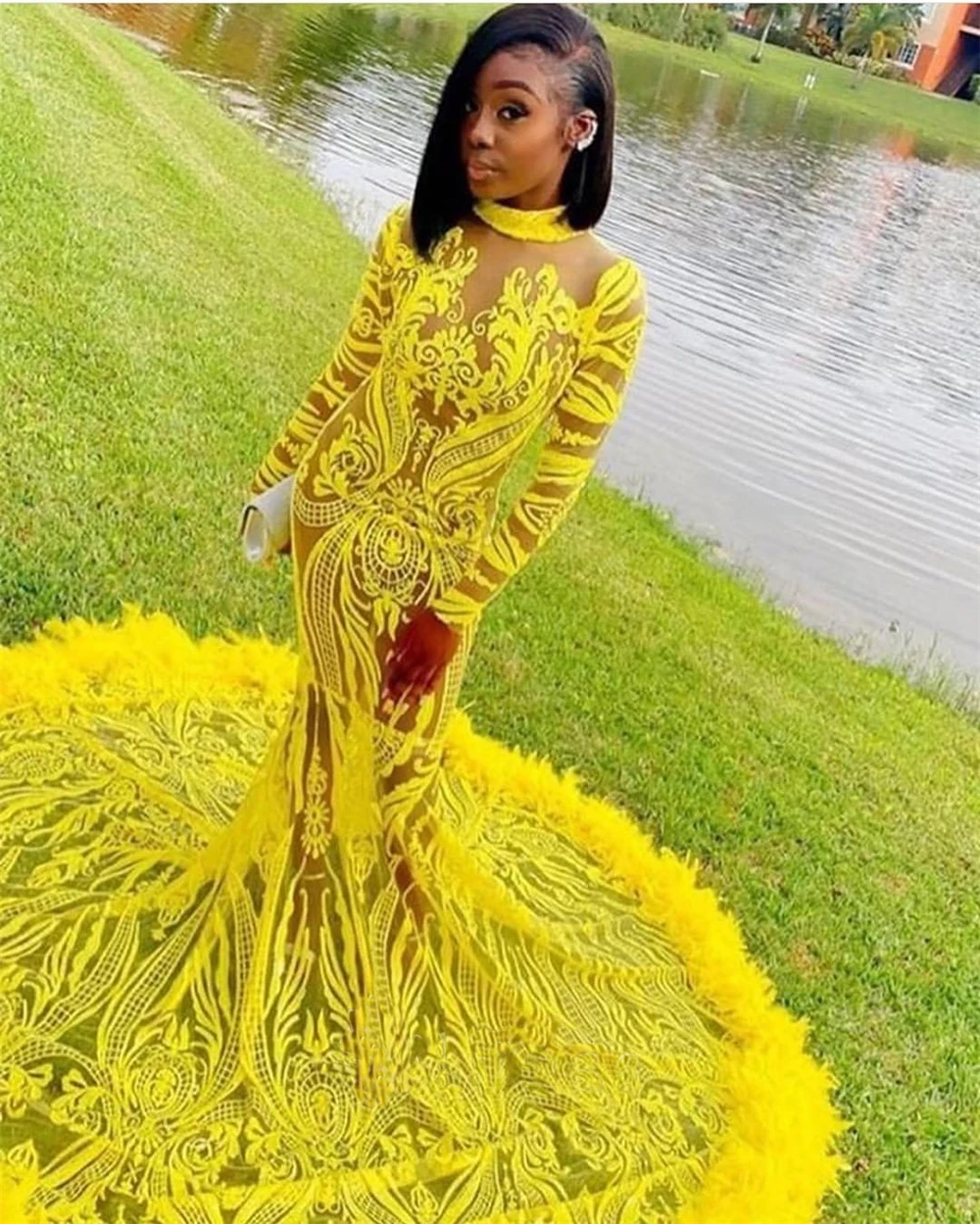 

Lanvendia Women Yellow Sequin Prom Dresses Black Girls Sexy Mermaid Feathers Applique Evening Gowns Vestido De Festa