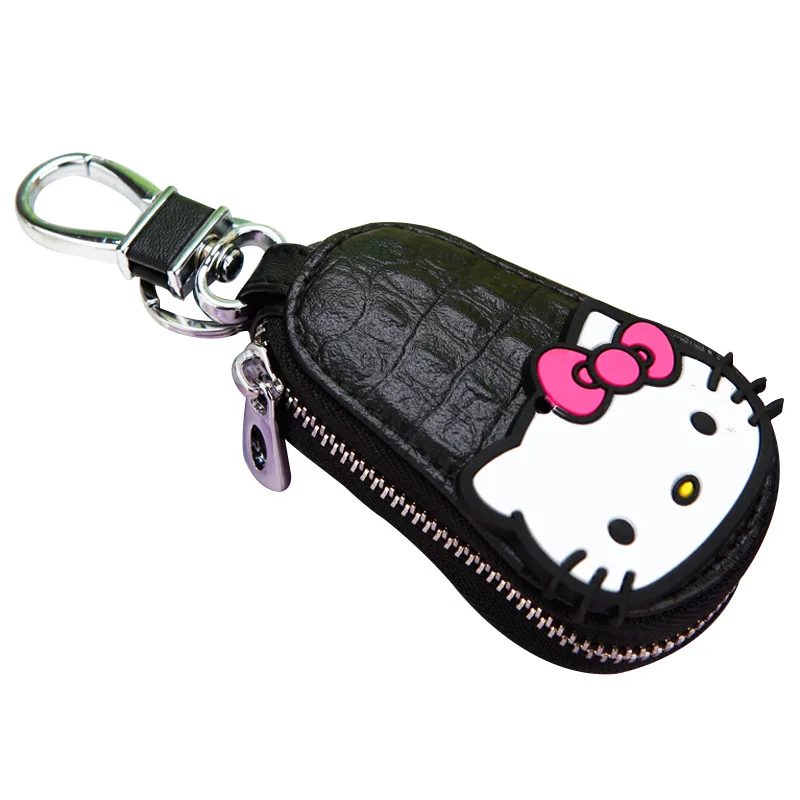 Fashion Black Cartoon Hello Kitty Keychain Exquisite Leather Zipper Wallet Keychain Woman Girl Handbag Wallet Pendant Jewelry