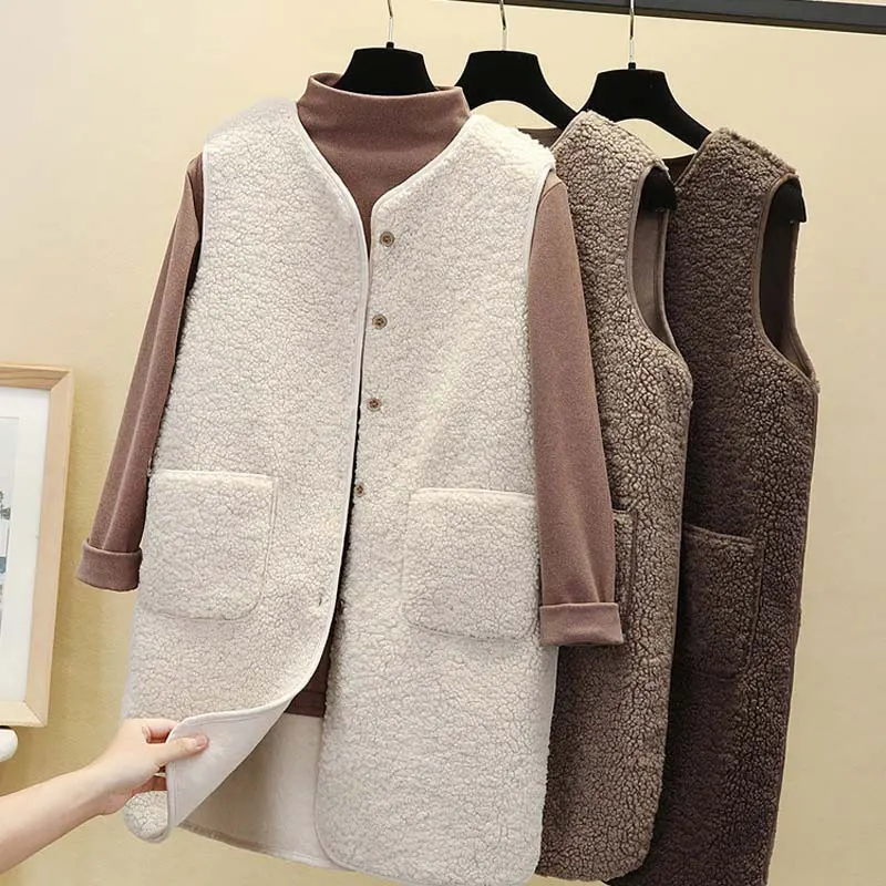 2021 Autumn Long Vest Women Winter Thermal Waistcoat Warm Fleece Female Sleeveless Jacket Ladies Vests For | Женская одежда