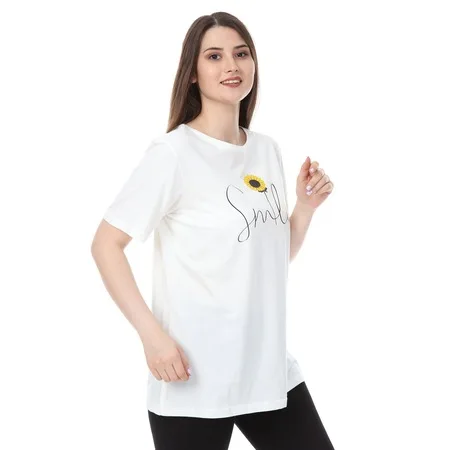 

Pianoluce Women Large Size O Neck Printed Half Sleeve Knitted T-Shirt 438947526