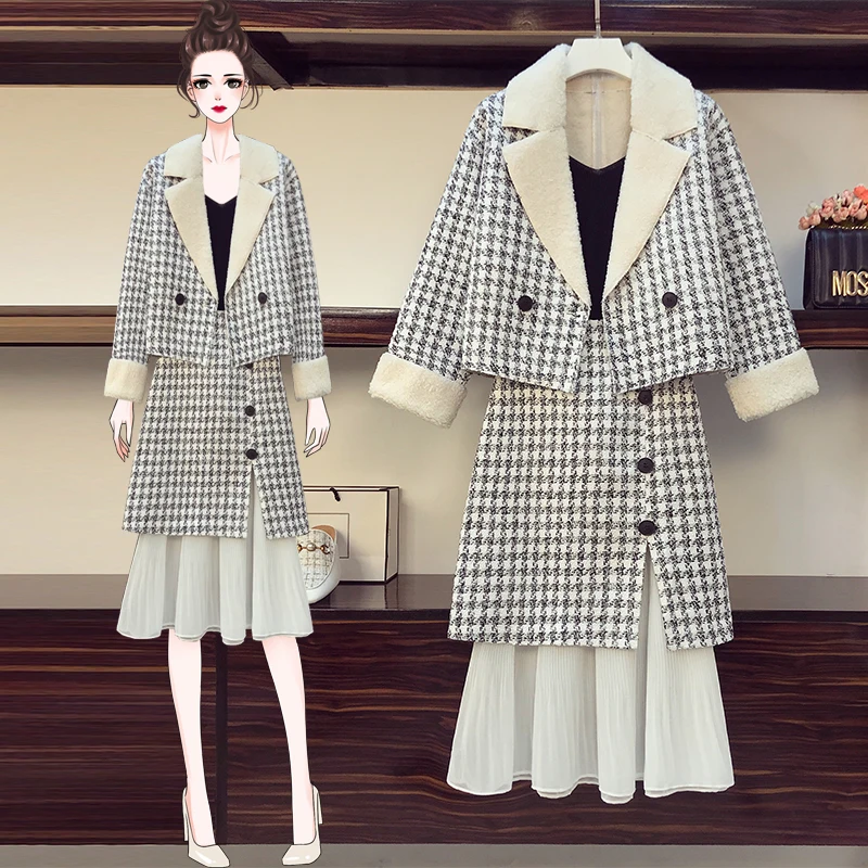 2021 Autumn Winter New Women's Large Size 3XL Plus Velvet Plaid Woolen Two-Piece Suit Ladies Sets s255 enlarge