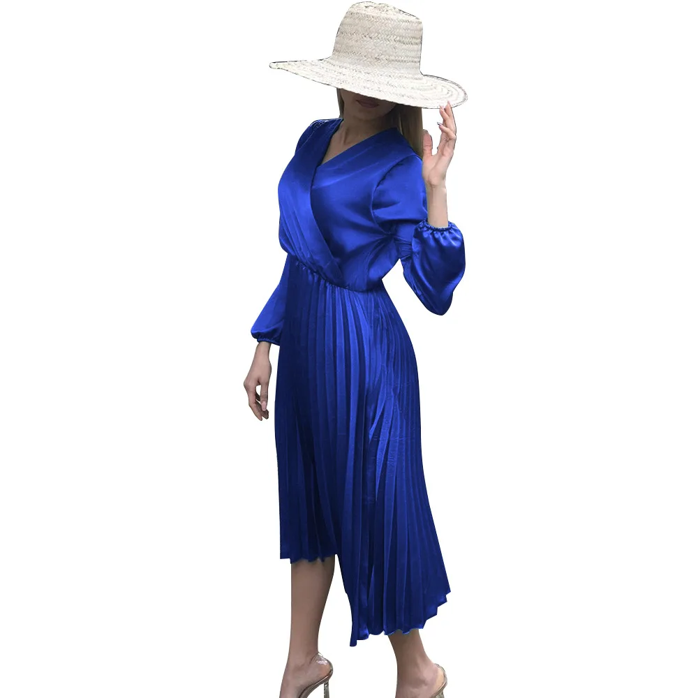 Adogirl Elegant Ruched Satin Dress Women Vintage Off Shoulder Wrap V Neck Long Lantern Sleeve A-Line Sexy Party Vestidos | Женская