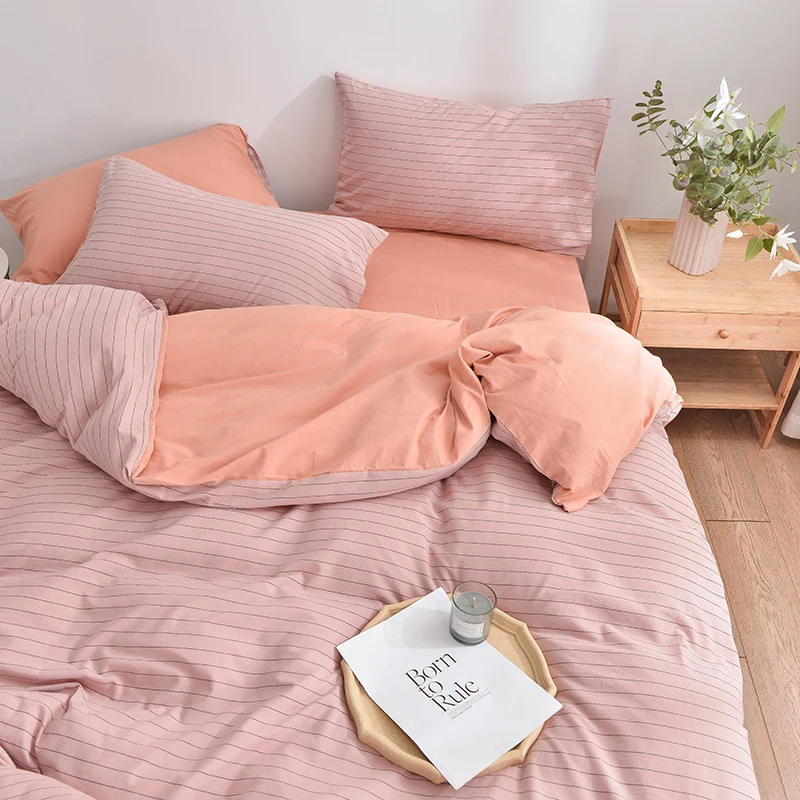 

4 Pieces Bedding Set Luxury Washed Cotton Duvet Cover Big Pink Stripes Solid Color Bedroom Bedspread Flat Bed Sheet Pillowcase