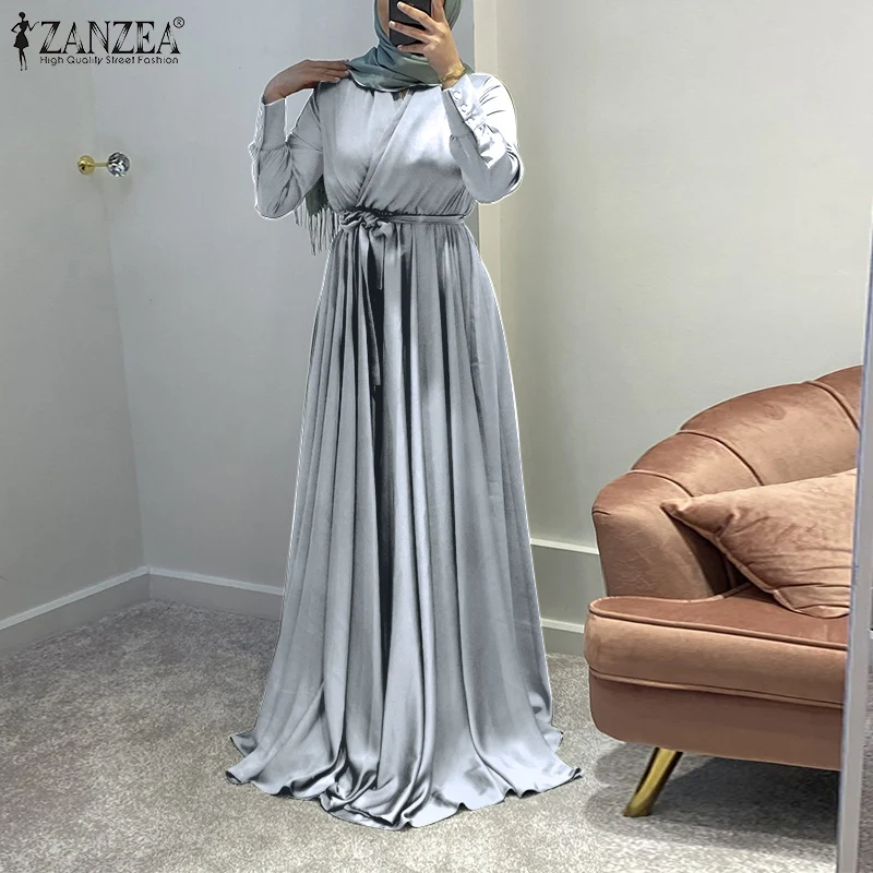 Платье ZANZEA женское атласное с V-образным вырезом и длинным рукавом