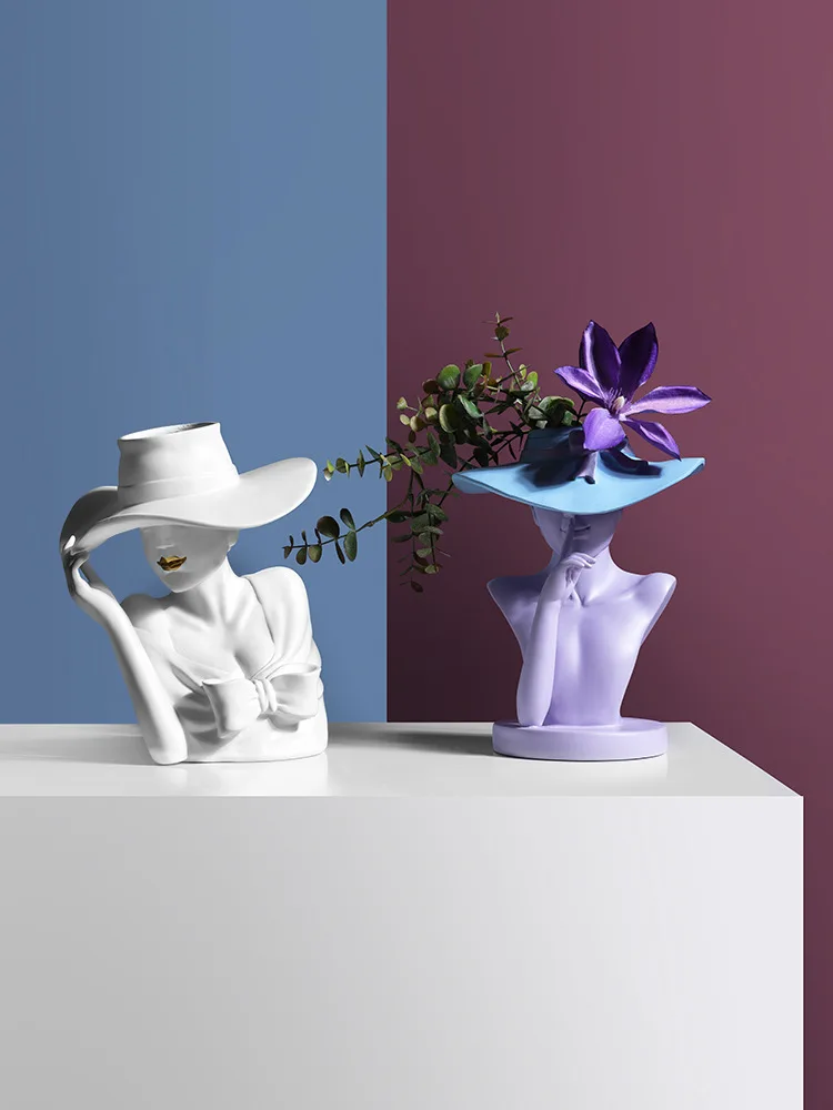 Элегантный Скульптура девушки ваза роскошных леди в шляпе Гостиная украшения