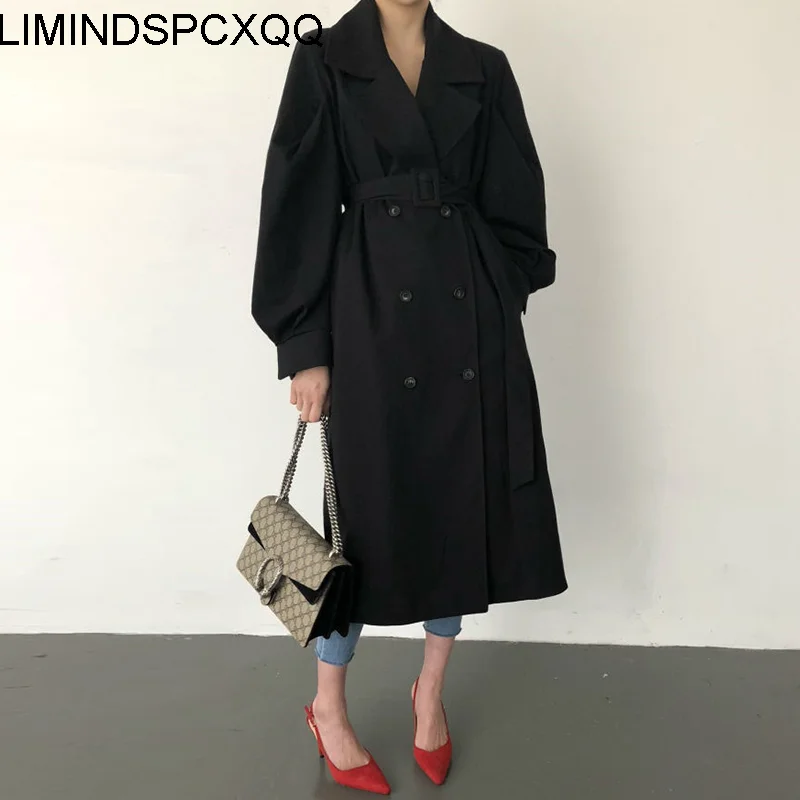 

Женский Длинный тренчкот с поясом, черная двубортная свободная ветровка в стиле High Street, осень 2023