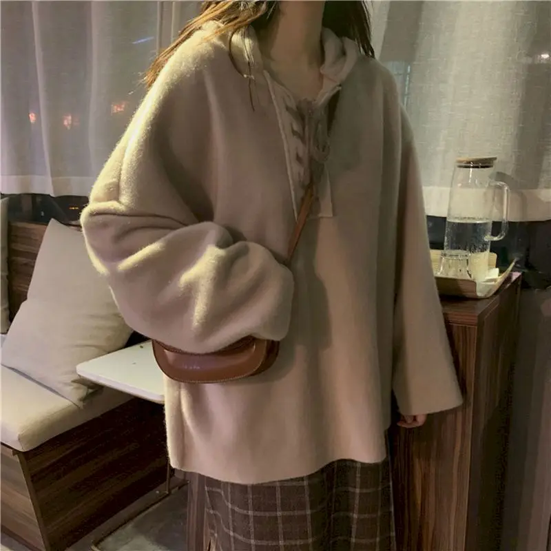 

Autumn and Winter Harajuku Tie-up Sweatshirt Female Student Korean Version Plus Velvet Thick Loose Pullover Hooded Long-sleeved