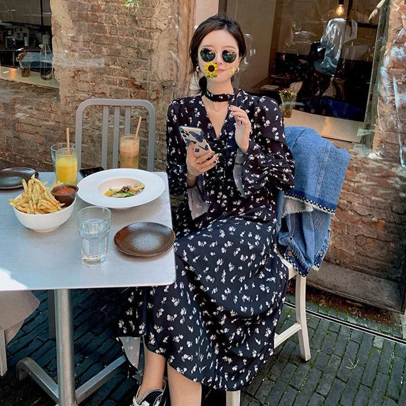 

2021 Spring Summer Vintage Floral Chiffon Midi Dress Long Sleeve Beach Clothes Elegant Vestido De Mulher Mujer Femme Robe Boho