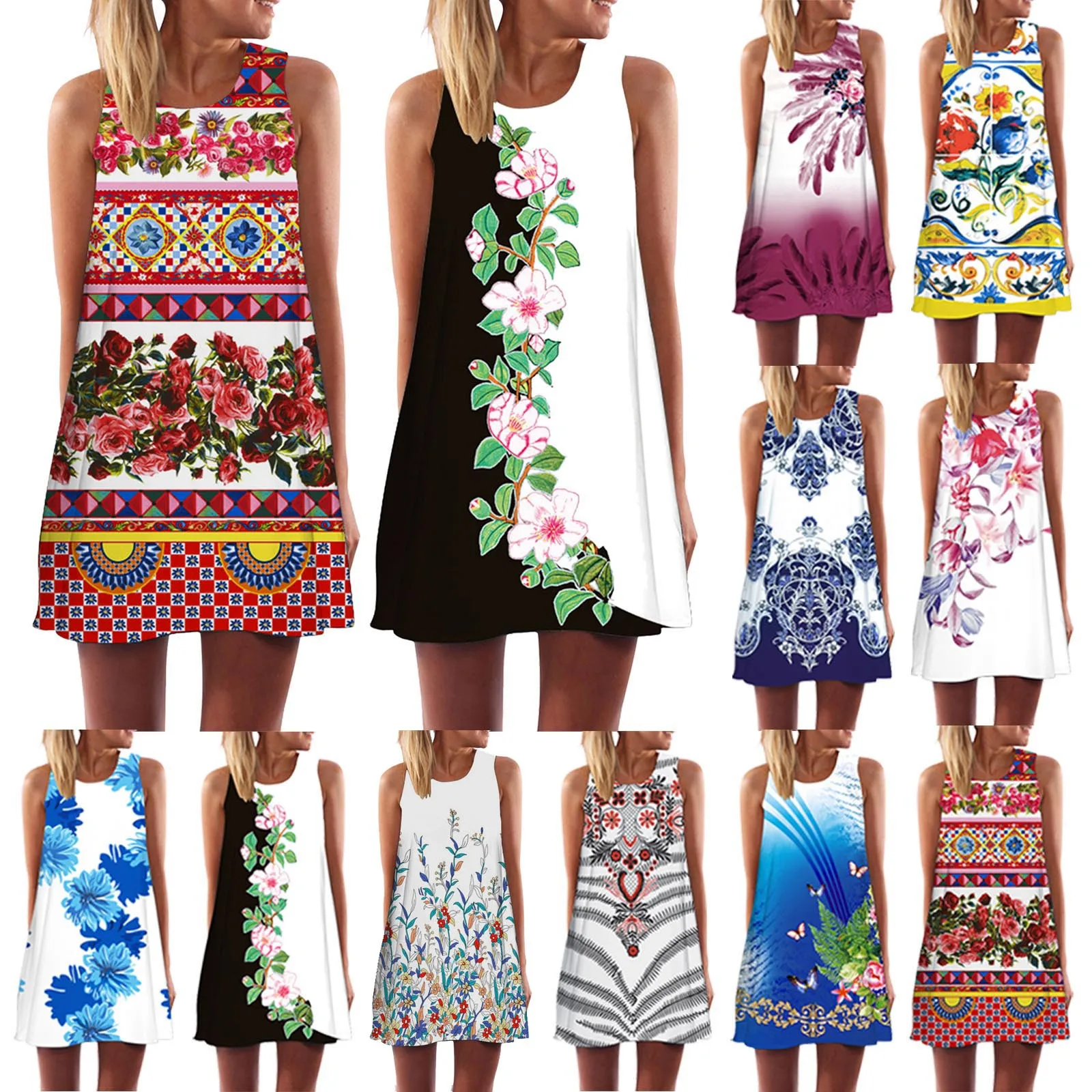 

Summer Floral Dress 2021 Women Vintage Boho Sleeveless Beach Printing Short Mini Dress Women Casual Beach Party Dress