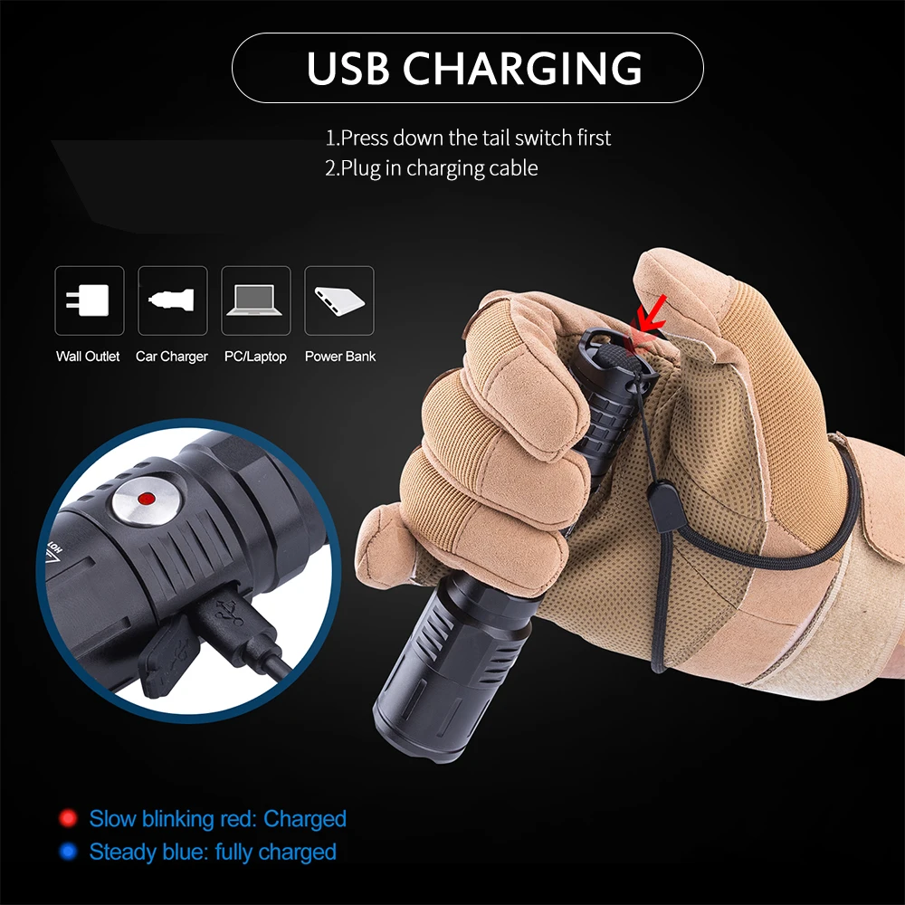 Тактический светодиодный фонарик мини с USB зарядкой T40 для охоты кемпинга