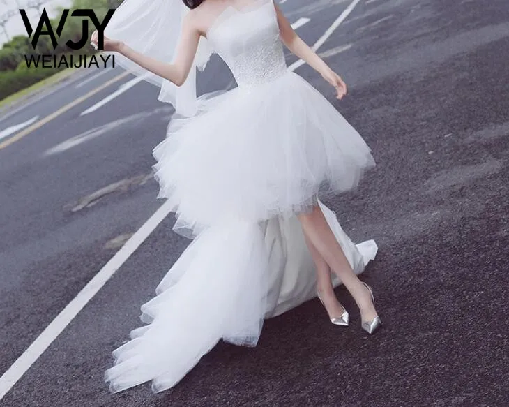 

Gorgeous Low Price Sexy Strapless White High Low Tiered Skirt Bridal Wedding Dress Bride Dresses Vestido De Novia Robe De Mariee