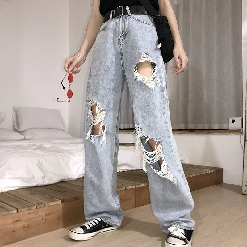 

2021 New High Waist Ripped Jeans Women's hip hop Loose Jeans 5XL Women Pants Vintage Female Torn Trousers Streetwear KZ69