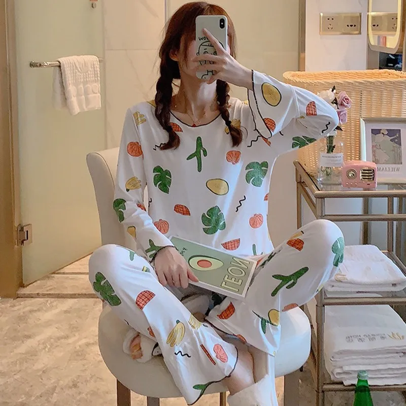 Kawaii, 2 шт., женская пижама, комплект, милый рисунок морковки, повседневные топы, штаны, домашняя одежда для сна с длинным рукавом, Pijama Mujer