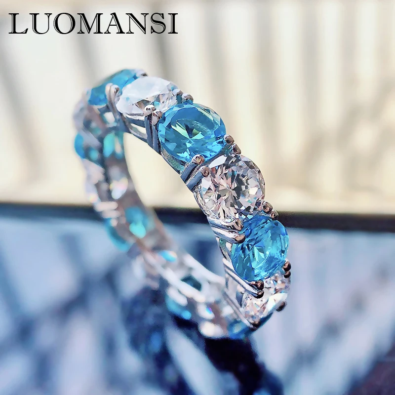 

Luomansi 100%-S925 Silver 5*5 Aquamarine High Carbon Diamond Female Ring Ring Wedding Engagement Cocktail Party Fine Jewelry