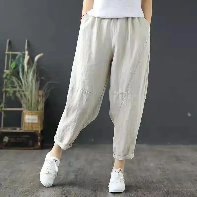 

Summer Retro Elastic Waist Wild Thin Harem Pants Solid Color Stitching Wide-Leg Cropped Trousers Women