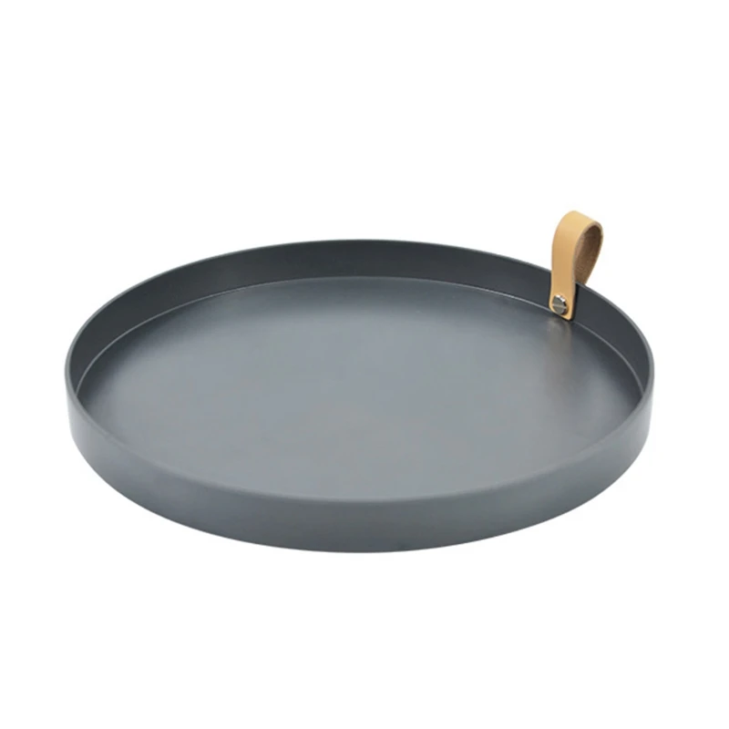 

Round Home Storage Tray with Side PU Handle Multi Purpose Fruit Dessert Plate