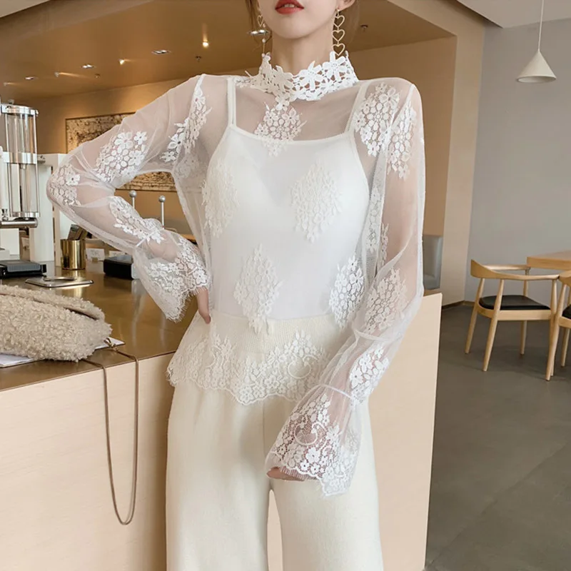 Elegant Lace Flower Blouses Shirt Women Sexy Transparent Mesh Blouses Long Sleeve White Shirts Office Lady Chemise Clothing