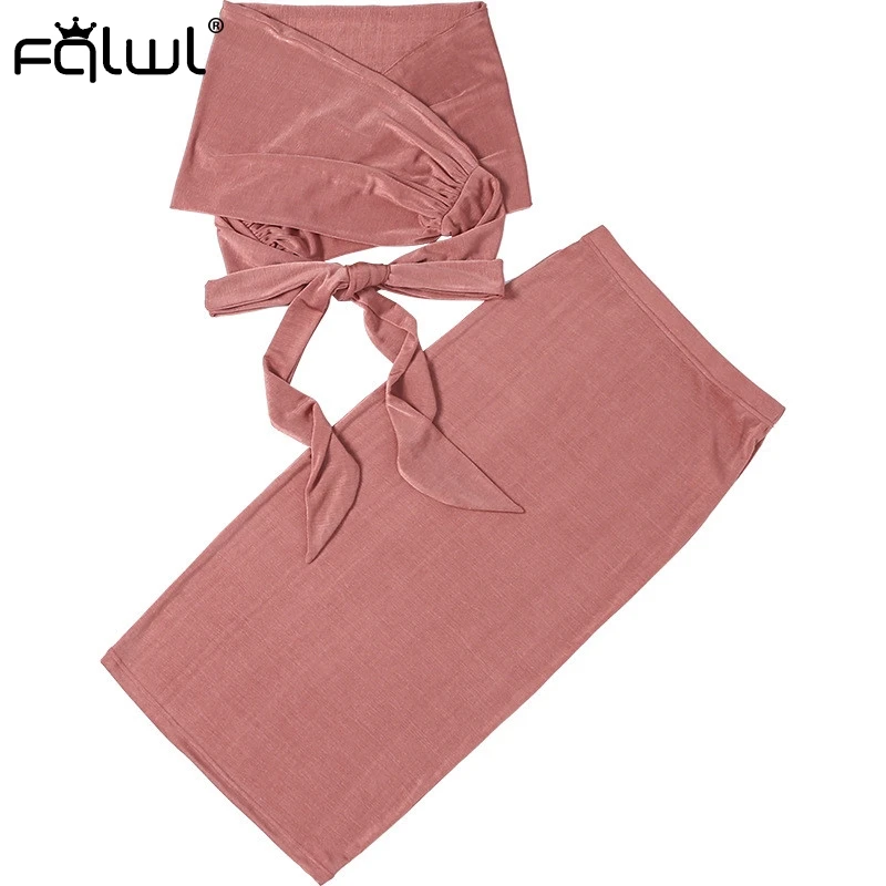 FQLWL Strapless Pink Sexy Bodycon Dress Women Off Shoulder Backless Wrap Midi Autumn Ladies Celebrity Club Party Dresses | Женская