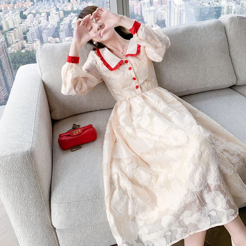 

COIGARSAM Autumn Dress Women Spring 2021 French Style Vintage Long Sleeve Apricot Dresses Traf Robe Vestidos