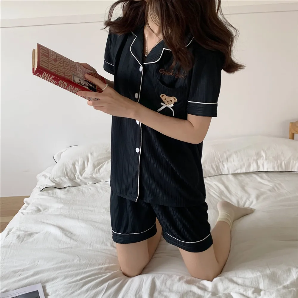 CAIYIER 2021 Japanese Summer Bear Print Women Pajamas Set Cotton Simple Short Sleeve Sleepwear New Ladie Home Service Suit M-2XL