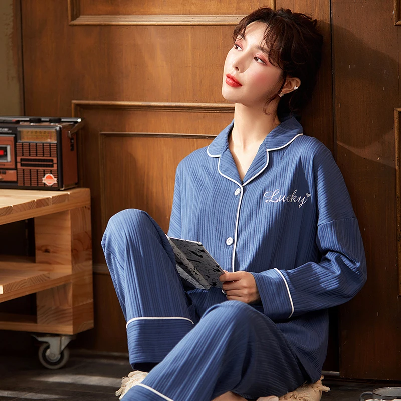 

Women Plus Size Sleepwear Casual Simple Letters Blue Plain Weave Couple Home Service Men's Lapel Sexy Handsome Warm Pajamas