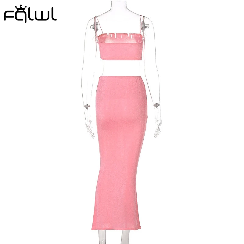 

FQLWL Summer Sexy Pink Blue 2 Two Piece Sets Women Skirts 2021 Sleeveless Cami Strap Crop Top Maxi Skirts Bodycon Matching Sets