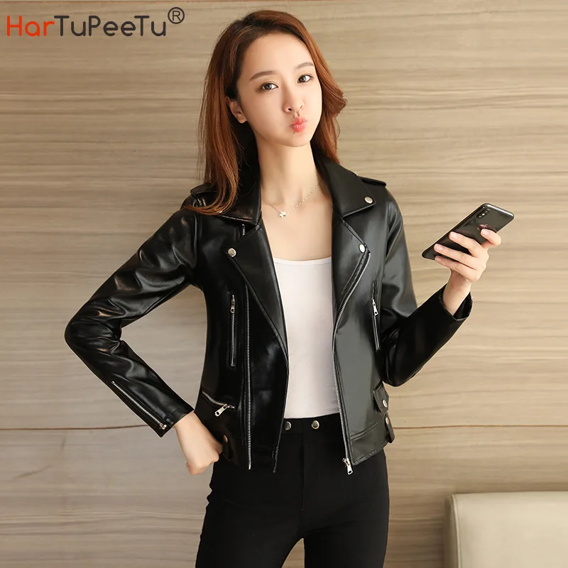 Faux Leather Jacket Women Black Biker Motorcycle Coat Spring Autumn 2021 PU Short Basic Korean Style Slim Fit Female Outwear