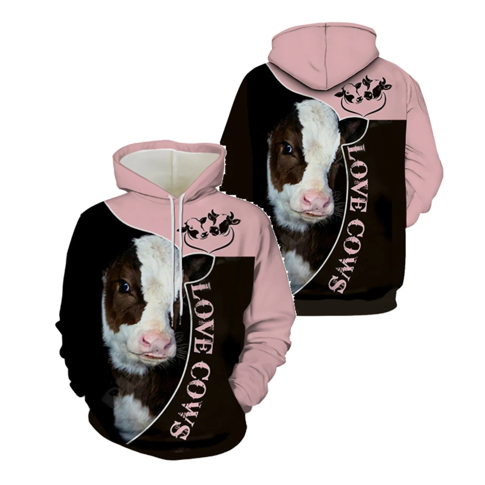 

USA Size Men's Funny 3D Hoodie Pink Cows Letters Print Outdoor Animal Country Style Pullover Streetwear