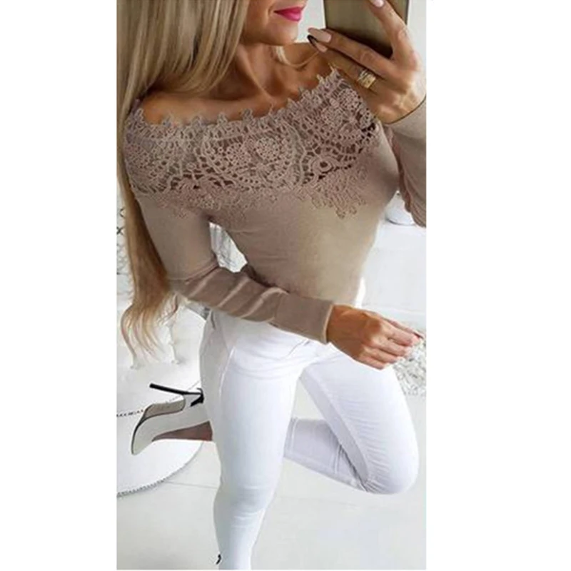 С открытыми плечами женские блузки с длинным рукавом кружева сшивание Женские
