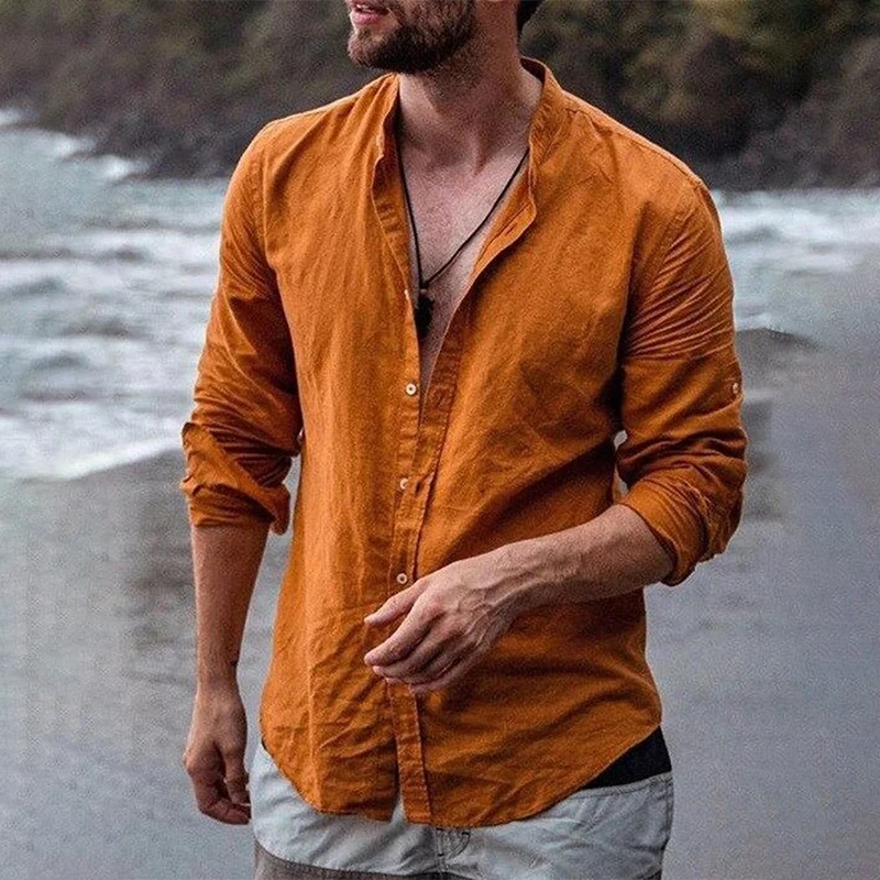 

Fall Winter 2022 Men's Casual Round Collar Male Solid Color Long Sleeves Loose Tops Handsome Men's Shirts