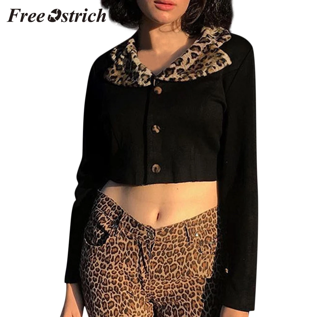 Женский свитер с отворотом и леопардовым принтом тонкая куртка длинным рукавом