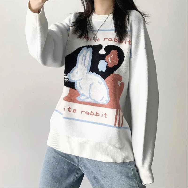 Свитер женский в японском стиле преппи с Белым Кроликом милый Повседневный