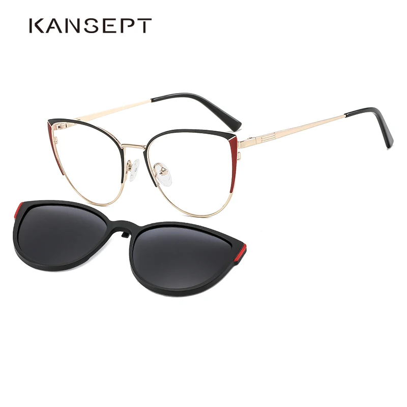 

KANSEPT Cat Eye Metal 2 In 1 Clip on Magnetic Glasses Frame for Women Optical Myopia Eyeglasses Polarized Sunglasses B23115