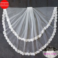 two layer short bridal veil lace edge cheap white ivory tulle wedding velo with metal comb wedding accessories simple welon 2020